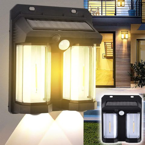 Lampada da parete solare impermeabile con sensore di movimento solare da esterno luminoso ad alta potenza per giardino, cortile, con due sorgenti luminose a LED