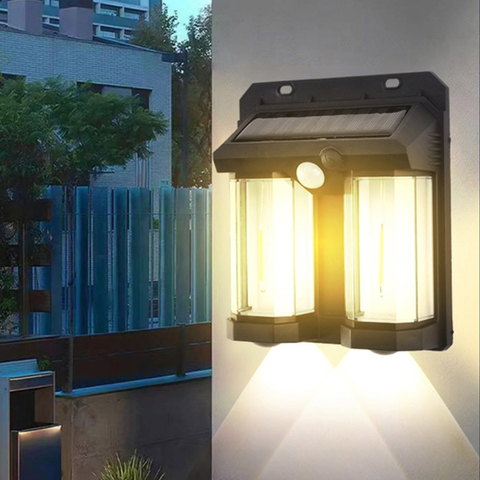 Lampada da parete solare impermeabile con sensore di movimento solare da esterno luminoso ad alta potenza per giardino, cortile, con due sorgenti luminose a LED